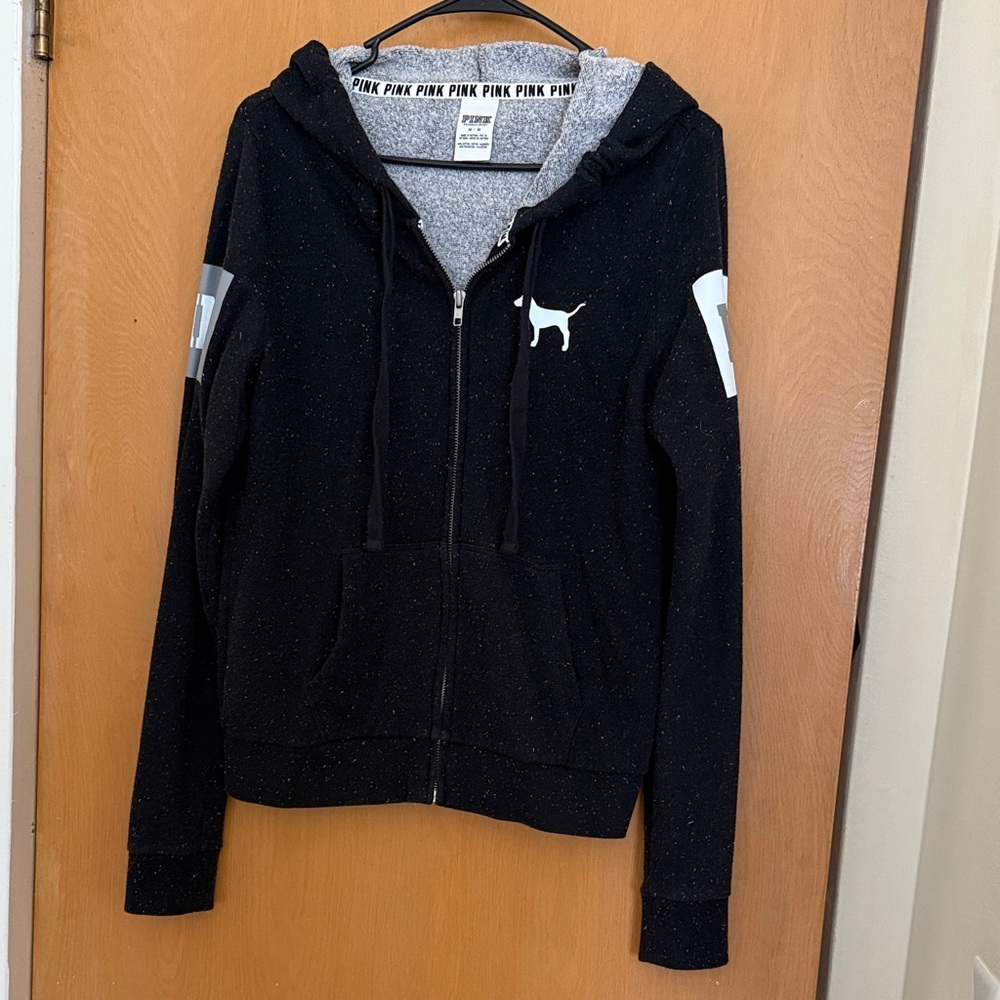 Sz M Speckled Black PINK Zip-Up Hoodie